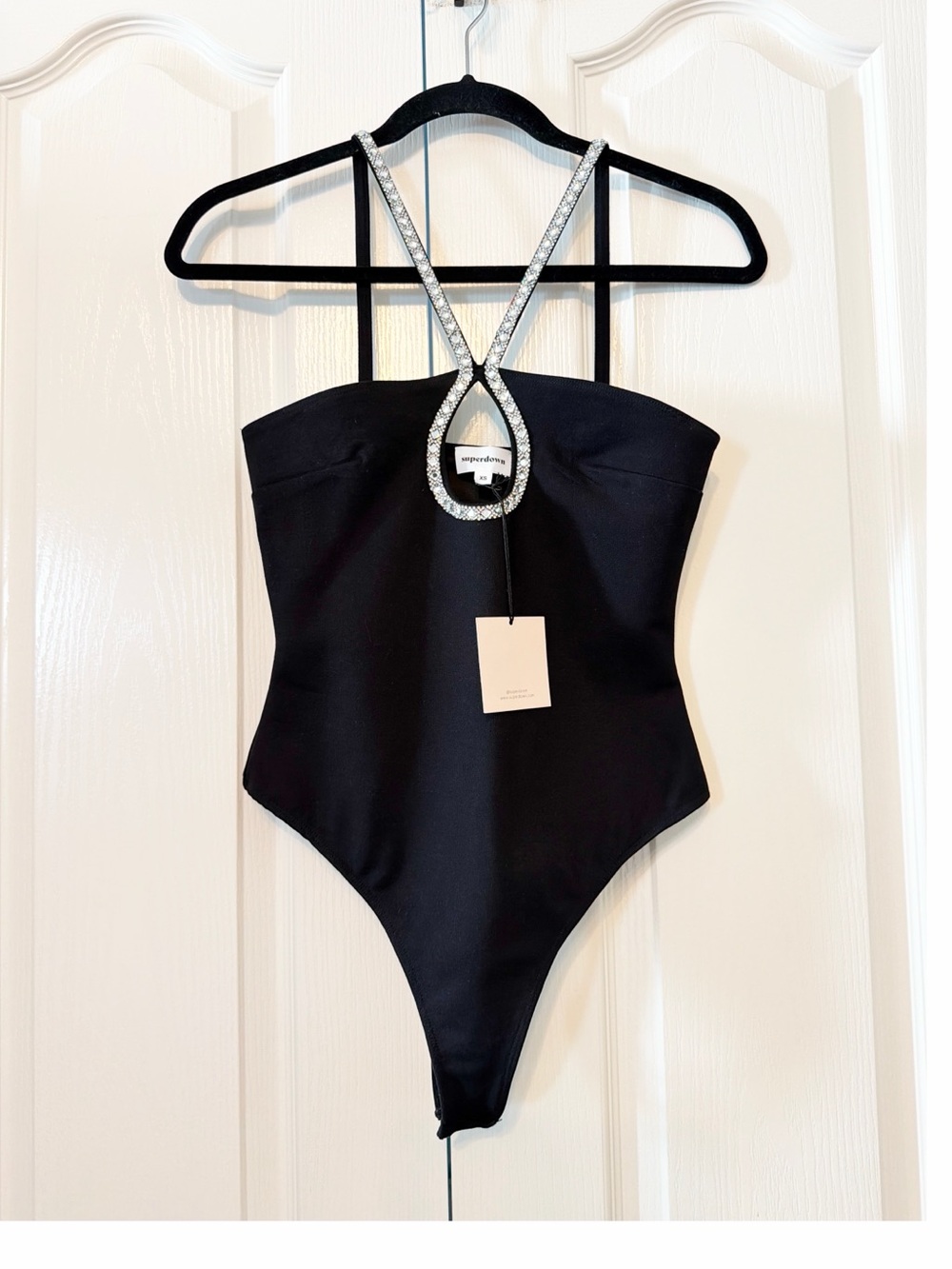 superdown Black One-Piece Bodysuit with Crystal-Embellished Straps Size XS NWT